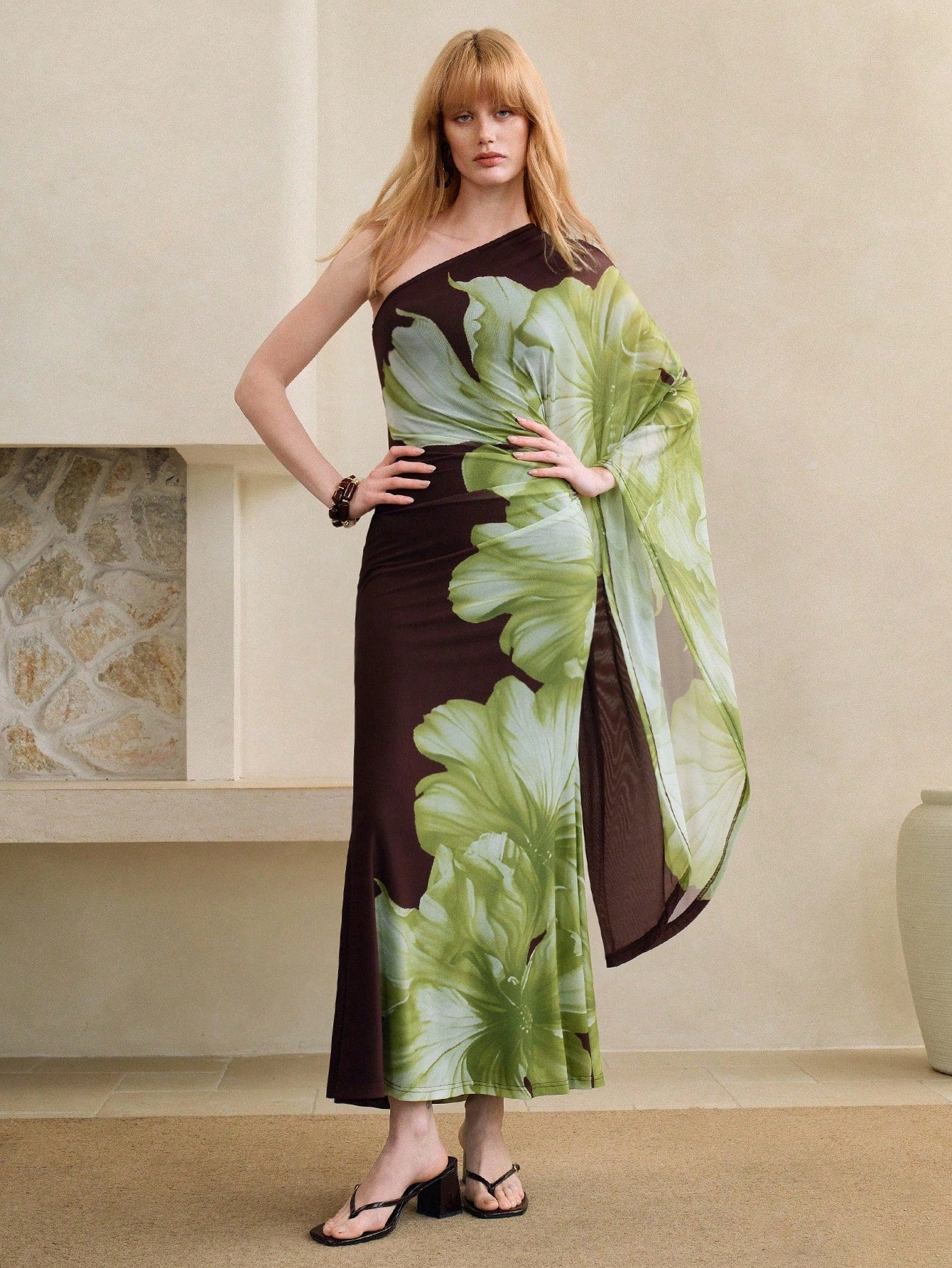 Arave Women's Elegant Brown Floral Summer Dress,Urban Asymmetric Shoulder Flowy Sleeve Fitted Knit Fabric Batik Printed Party Dinner Vacation Dress