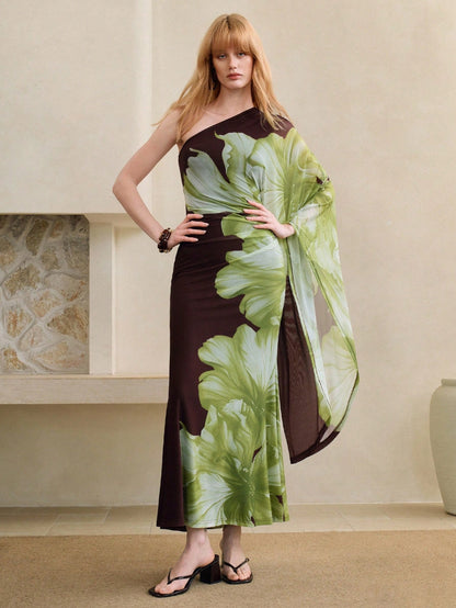 Arave Women's Elegant Brown Floral Summer Dress,Urban Asymmetric Shoulder Flowy Sleeve Fitted Knit Fabric Batik Printed Party Dinner Vacation Dress