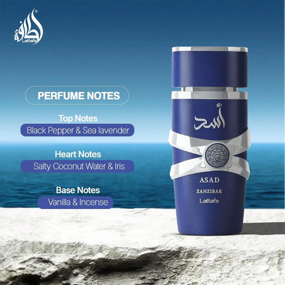 Asad Zanzibar- Fresh, Spicy, Vanilla, Coconut- Eau De Parfum Long-Lasting Fragrance For Men, 3.40 Ounce/ 100 Ml, Long Lasting Romantic Scent, Elegant Gift, Long-Lasting Fragrance, New Year's Gift