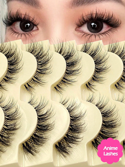 Asiteo 5 Pairs Cartoon Style Natural Thin False Eyelashes- Transparent Band Faux Mink Cat Eye Lashes, Create Natural Daily Makeup- Reusable, Comfortable, Beginner-Friendly