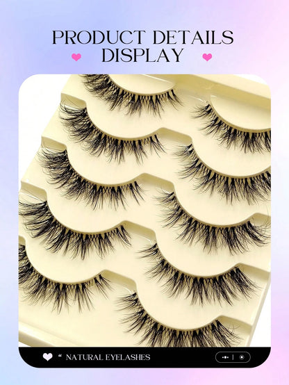 Asiteo 5 Pairs Cartoon Style Natural Thin False Eyelashes- Transparent Band Faux Mink Cat Eye Lashes, Create Natural Daily Makeup- Reusable, Comfortable, Beginner-Friendly