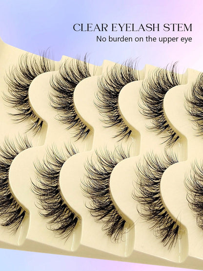 Asiteo 5 Pairs Cartoon Style Natural Thin False Eyelashes- Transparent Band Faux Mink Cat Eye Lashes, Create Natural Daily Makeup- Reusable, Comfortable, Beginner-Friendly