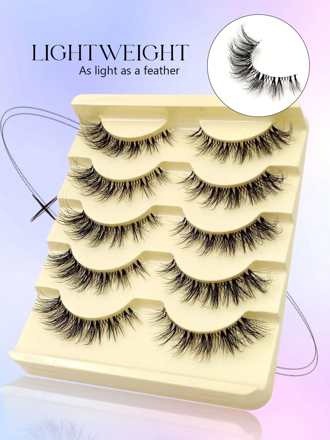 Asiteo 5 Pairs Cartoon Style Natural Thin False Eyelashes- Transparent Band Faux Mink Cat Eye Lashes, Create Natural Daily Makeup- Reusable, Comfortable, Beginner-Friendly