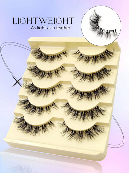 Asiteo 5 Pairs Cartoon Style Natural Thin False Eyelashes- Transparent Band Faux Mink Cat Eye Lashes, Create Natural Daily Makeup- Reusable, Comfortable, Beginner-Friendly