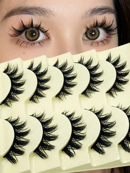 Asiteo 5 Pairs Cartoon Style Natural Thin False Eyelashes- Transparent Band Faux Mink Cat Eye Lashes, Create Natural Daily Makeup- Reusable, Comfortable, Beginner-Friendly