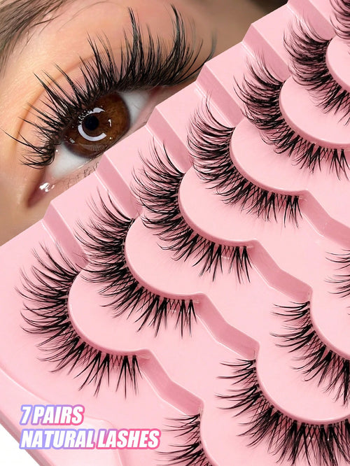 Asiteo 7 Pairs Cat Eye False Eyelashes, Transparent Band Fox Eye Lashes, Elongated Winged Lashes, Faux Mink Natural Look Fake Lashes