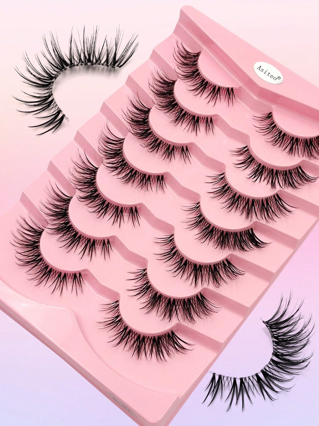 Asiteo 7 Pairs Cat Eye False Eyelashes, Transparent Band Fox Eye Lashes, Elongated Winged Lashes, Faux Mink Natural Look Fake Lashes