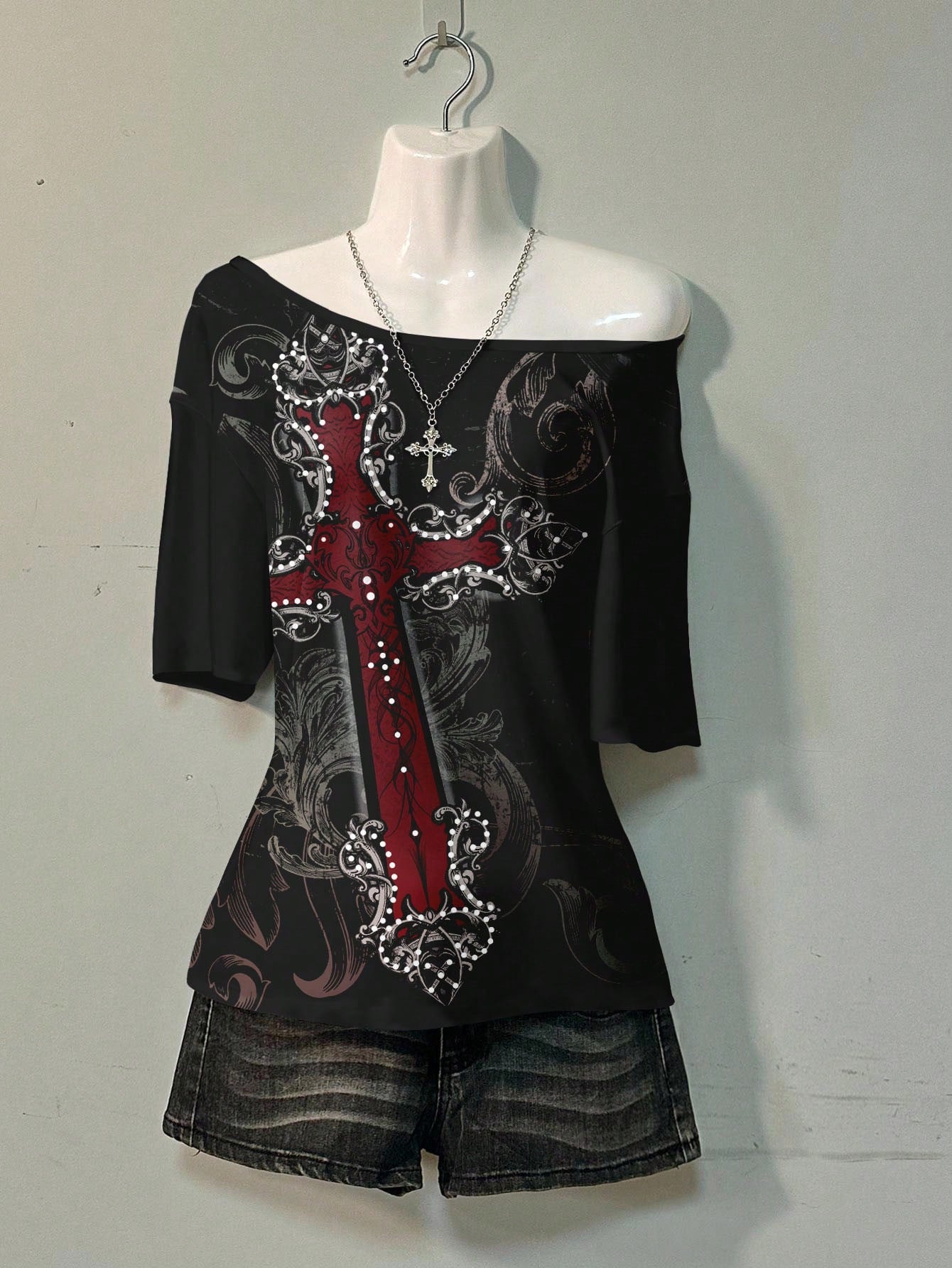 Attitoon Casual Minimalist Cross Full Print Off-Shoulder Loose Women T-Shirt,Graphic Tees Carnival