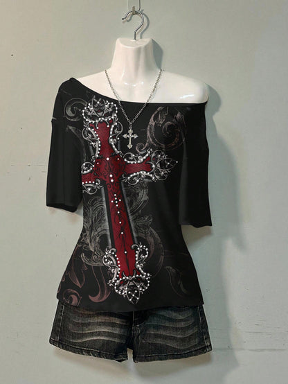 Attitoon Casual Minimalist Cross Full Print Off-Shoulder Loose Women T-Shirt,Graphic Tees Carnival