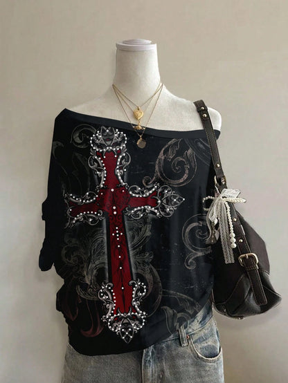 Attitoon Casual Minimalist Cross Full Print Off-Shoulder Loose Women T-Shirt,Graphic Tees Carnival