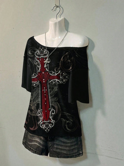 Attitoon Casual Minimalist Cross Full Print Off-Shoulder Loose Women T-Shirt,Graphic Tees Carnival