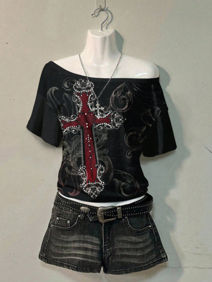 Attitoon Casual Minimalist Cross Full Print Off-Shoulder Loose Women T-Shirt,Graphic Tees Carnival