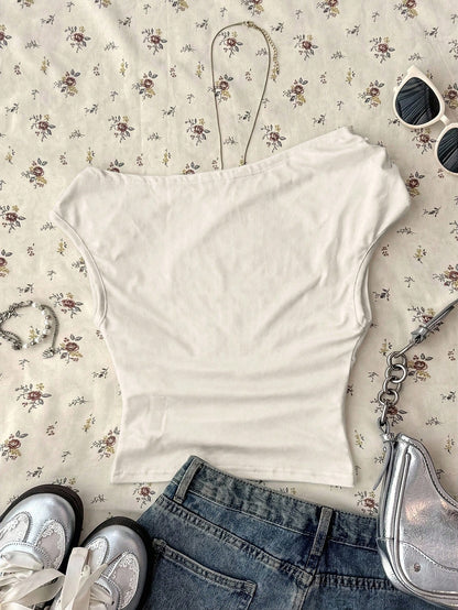 Attitoon Casual Retro Punk Y2K Versatile Party Gathering Chinese Character Leopard Print Pattern Top, Music Festival, Gothic, Summer, Women's Tight Asymmetric Ruched Cropped Top