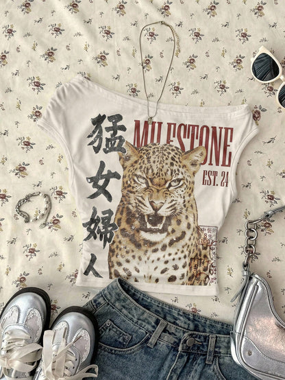 Attitoon Casual Retro Punk Y2K Versatile Party Gathering Chinese Character Leopard Print Pattern Top, Music Festival, Gothic, Summer, Women's Tight Asymmetric Ruched Cropped Top