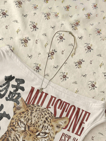 Attitoon Casual Retro Punk Y2K Versatile Party Gathering Chinese Character Leopard Print Pattern Top, Music Festival, Gothic, Summer, Women's Tight Asymmetric Ruched Cropped Top