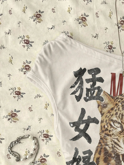 Attitoon Casual Retro Punk Y2K Versatile Party Gathering Chinese Character Leopard Print Pattern Top, Music Festival, Gothic, Summer, Women's Tight Asymmetric Ruched Cropped Top