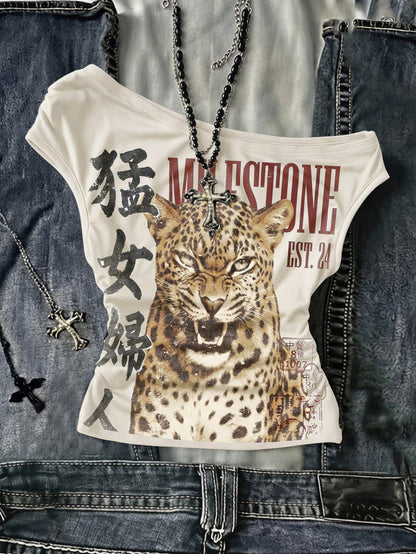Attitoon Casual Retro Punk Y2K Versatile Party Gathering Chinese Character Leopard Print Pattern Top, Music Festival, Gothic, Summer, Women's Tight Asymmetric Ruched Cropped Top