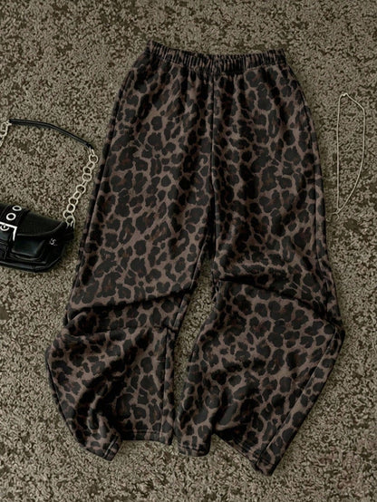 Attitoon Women's Casual Straight Leg Sweatpants, Summer Clothing, Leopard Print, Outing Wear, Y2K, Vintage, Versatile, Suitable For Daily Commute, Date, Party, Autumn/Winter/Spring/Summer, Christmas