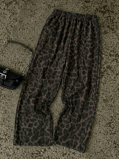 Attitoon Women's Casual Straight Leg Sweatpants, Summer Clothing, Leopard Print, Outing Wear, Y2K, Vintage, Versatile, Suitable For Daily Commute, Date, Party, Autumn/Winter/Spring/Summer, Christmas