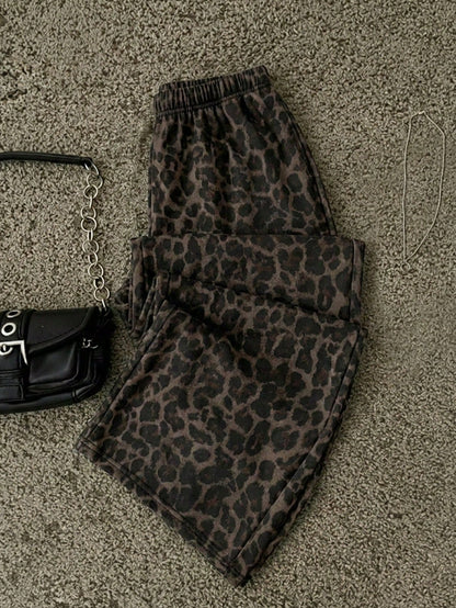 Attitoon Women's Casual Straight Leg Sweatpants, Summer Clothing, Leopard Print, Outing Wear, Y2K, Vintage, Versatile, Suitable For Daily Commute, Date, Party, Autumn/Winter/Spring/Summer, Christmas
