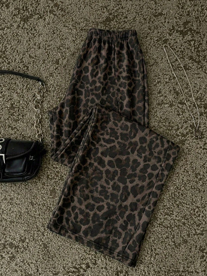 Attitoon Women's Casual Straight Leg Sweatpants, Summer Clothing, Leopard Print, Outing Wear, Y2K, Vintage, Versatile, Suitable For Daily Commute, Date, Party, Autumn/Winter/Spring/Summer, Christmas