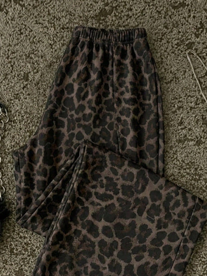 Attitoon Women's Casual Straight Leg Sweatpants, Summer Clothing, Leopard Print, Outing Wear, Y2K, Vintage, Versatile, Suitable For Daily Commute, Date, Party, Autumn/Winter/Spring/Summer, Christmas