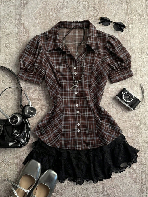 Attitoon Women's Plaid Bubble Short Sleeve Shirt, Vintage Plaid Blouse For School, Back-To-School, Autumn, Casual Works, Y2K Country, Elegant