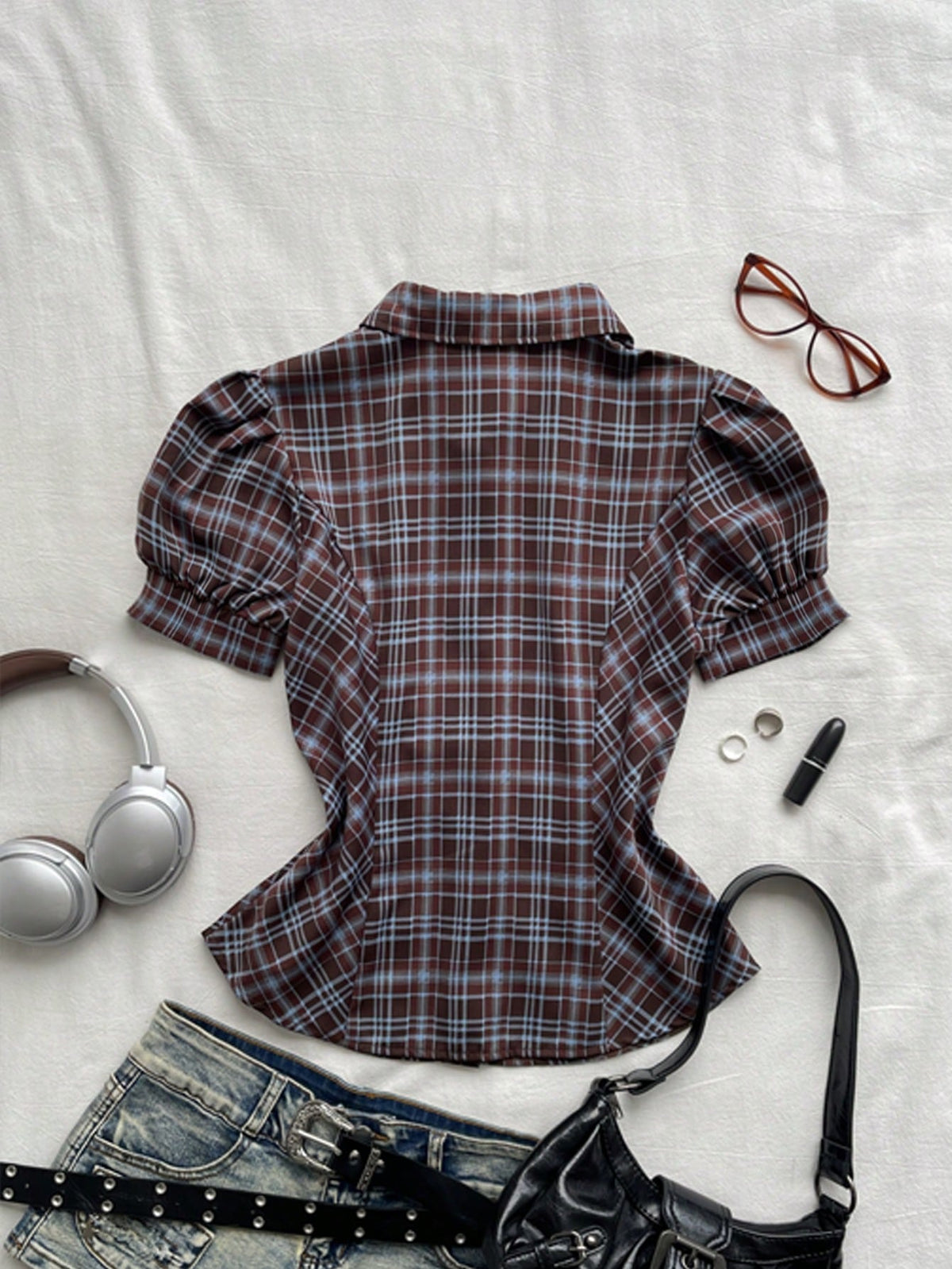 Attitoon Women's Plaid Bubble Short Sleeve Shirt, Vintage Plaid Blouse For School, Back-To-School, Autumn, Casual Works, Y2K Country, Elegant