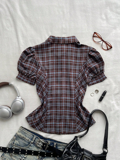 Attitoon Women's Plaid Bubble Short Sleeve Shirt, Vintage Plaid Blouse For School, Back-To-School, Autumn, Casual Works, Y2K Country, Elegant