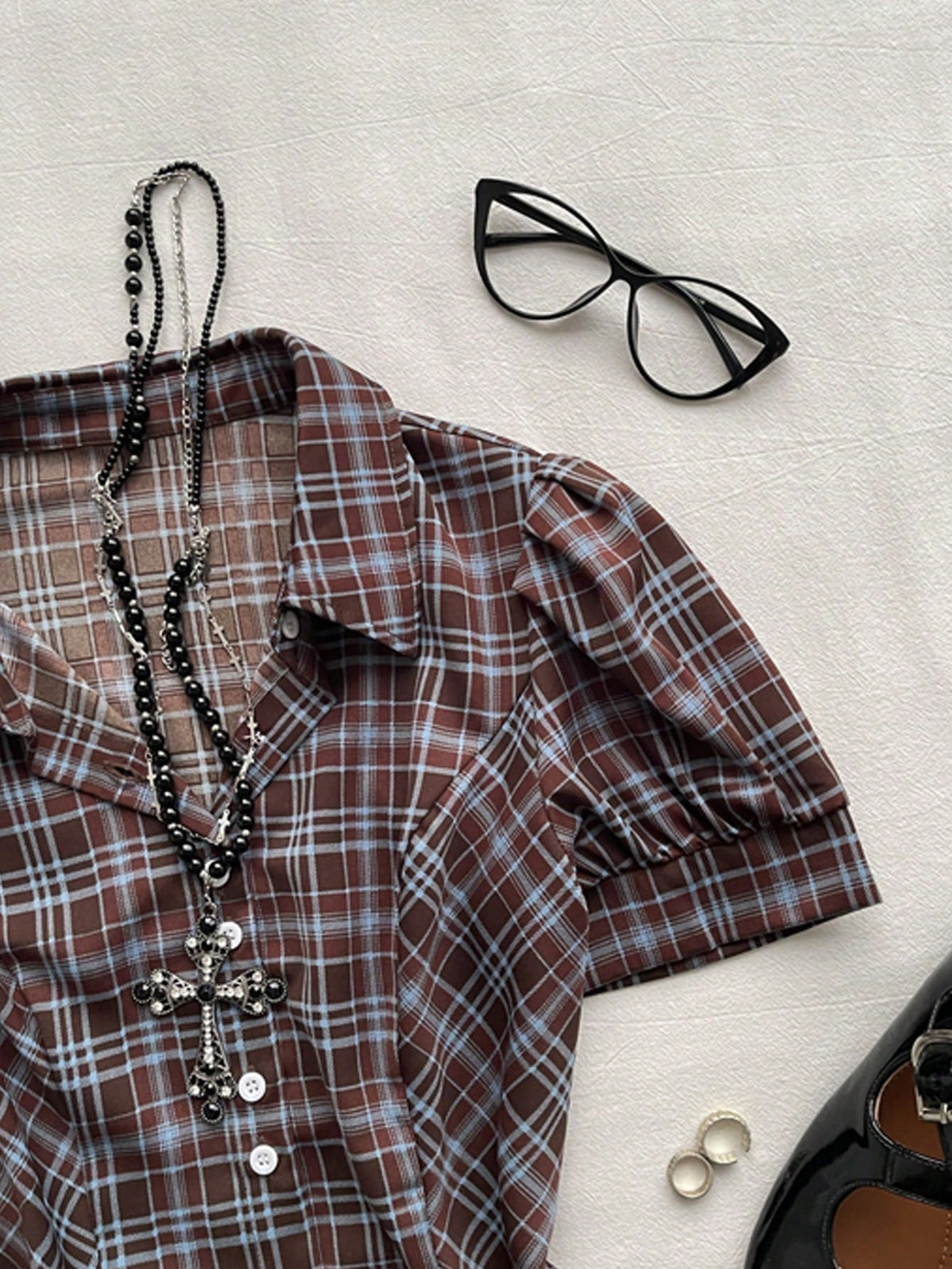 Attitoon Women's Plaid Bubble Short Sleeve Shirt, Vintage Plaid Blouse For School, Back-To-School, Autumn, Casual Works, Y2K Country, Elegant
