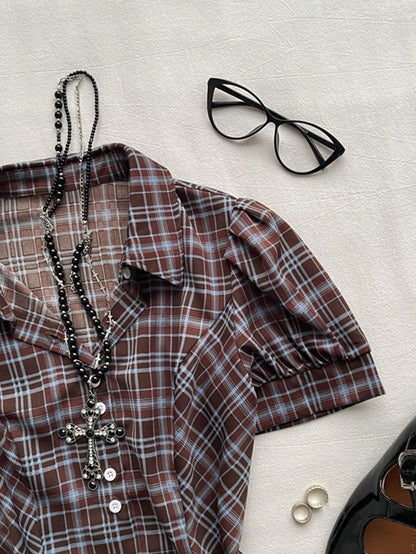 Attitoon Women's Plaid Bubble Short Sleeve Shirt, Vintage Plaid Blouse For School, Back-To-School, Autumn, Casual Works, Y2K Country, Elegant