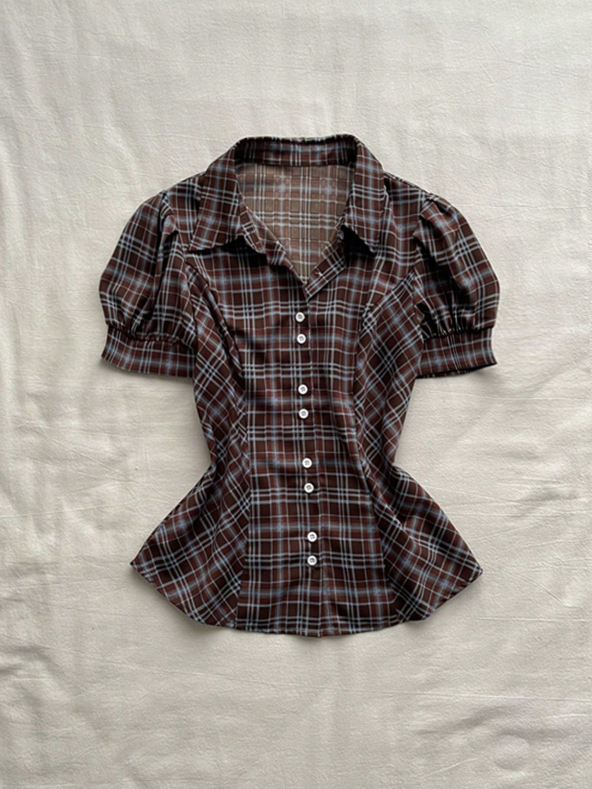 Attitoon Women's Plaid Bubble Short Sleeve Shirt, Vintage Plaid Blouse For School, Back-To-School, Autumn, Casual Works, Y2K Country, Elegant