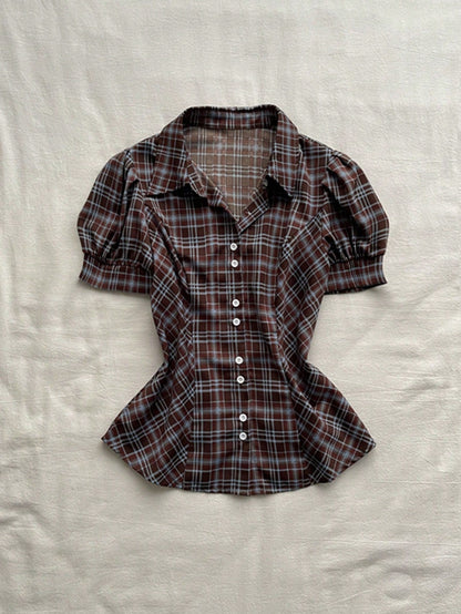 Attitoon Women's Plaid Bubble Short Sleeve Shirt, Vintage Plaid Blouse For School, Back-To-School, Autumn, Casual Works, Y2K Country, Elegant