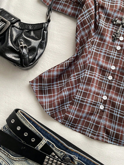 Attitoon Women's Plaid Bubble Short Sleeve Shirt, Vintage Plaid Blouse For School, Back-To-School, Autumn, Casual Works, Y2K Country, Elegant