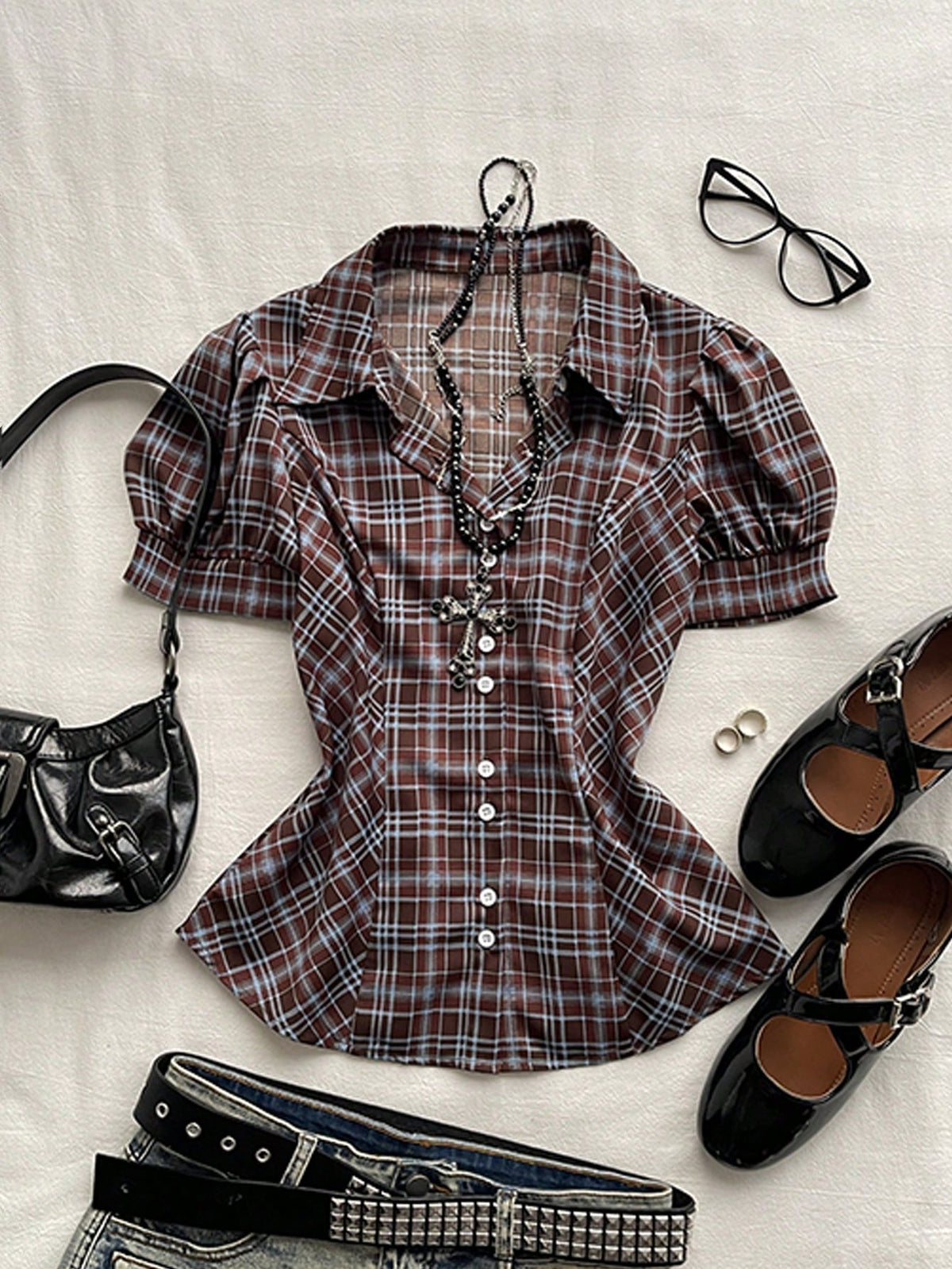 Attitoon Women's Plaid Bubble Short Sleeve Shirt, Vintage Plaid Blouse For School, Back-To-School, Autumn, Casual Works, Y2K Country, Elegant