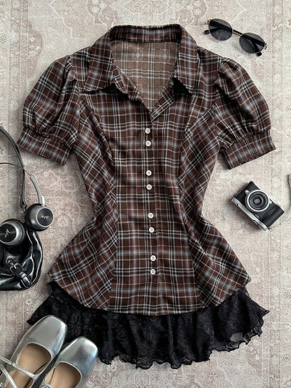 Attitoon Women's Plaid Bubble Short Sleeve Shirt, Vintage Plaid Blouse For School, Back-To-School, Autumn, Casual Works, Y2K Country, Elegant