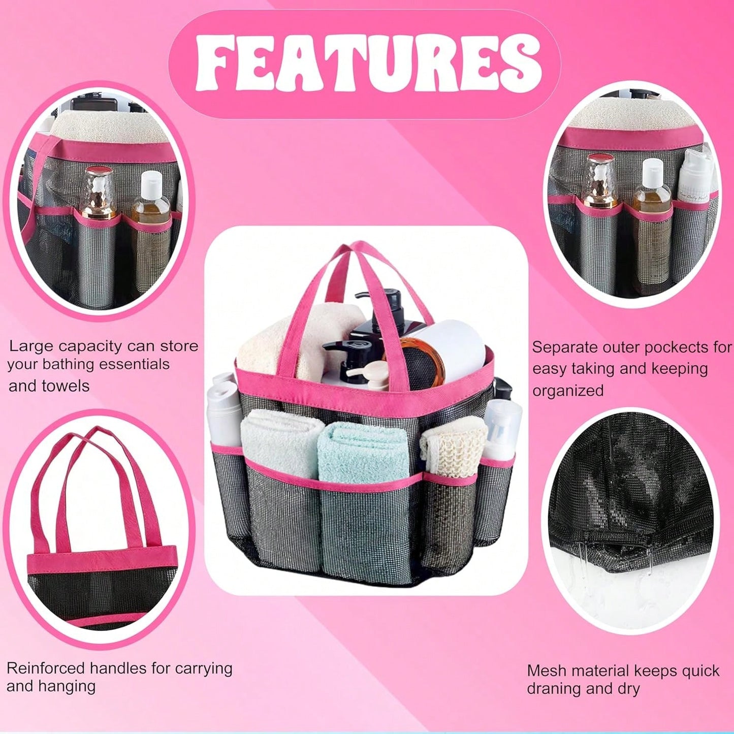 Attmu Mesh Shower Caddy Portable, Quick Dry Hanging Shower Tote Bag For College Dorm Room Essentials, Large Capacity Shower Caddy Dorm For Bathroom Gym Swimming