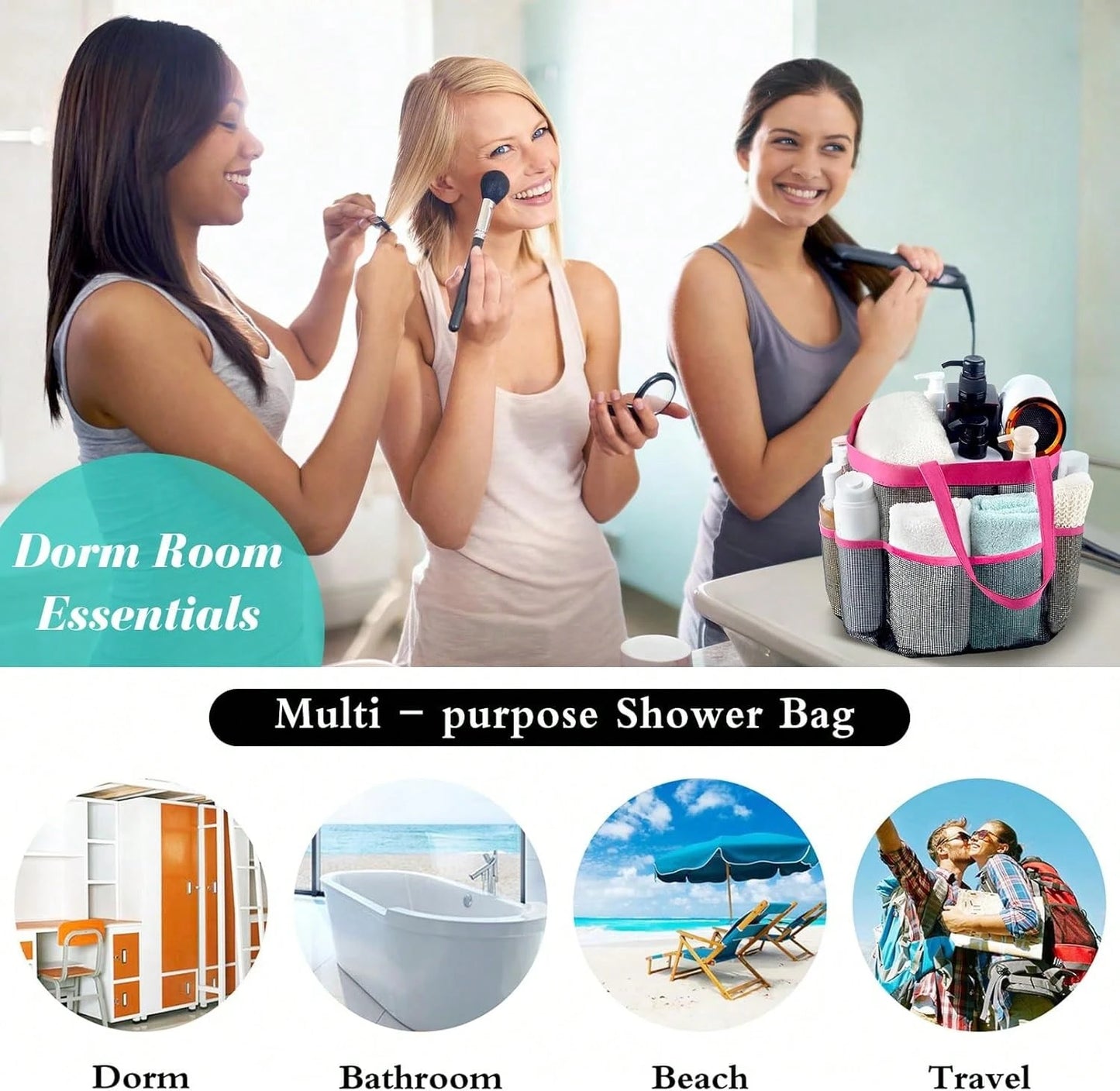 Attmu Mesh Shower Caddy Portable, Quick Dry Hanging Shower Tote Bag For College Dorm Room Essentials, Large Capacity Shower Caddy Dorm For Bathroom Gym Swimming