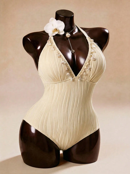 Auralis Plus Size Women Backless Halter One-Piece Swimsuit, Vacation & Beach Outfits For Elegant Women's Spring Outfit Valentine's Day