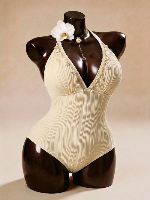 Auralis Plus Size Women Backless Halter One-Piece Swimsuit, Vacation & Beach Outfits For Elegant Women's Spring Outfit Valentine's Day
