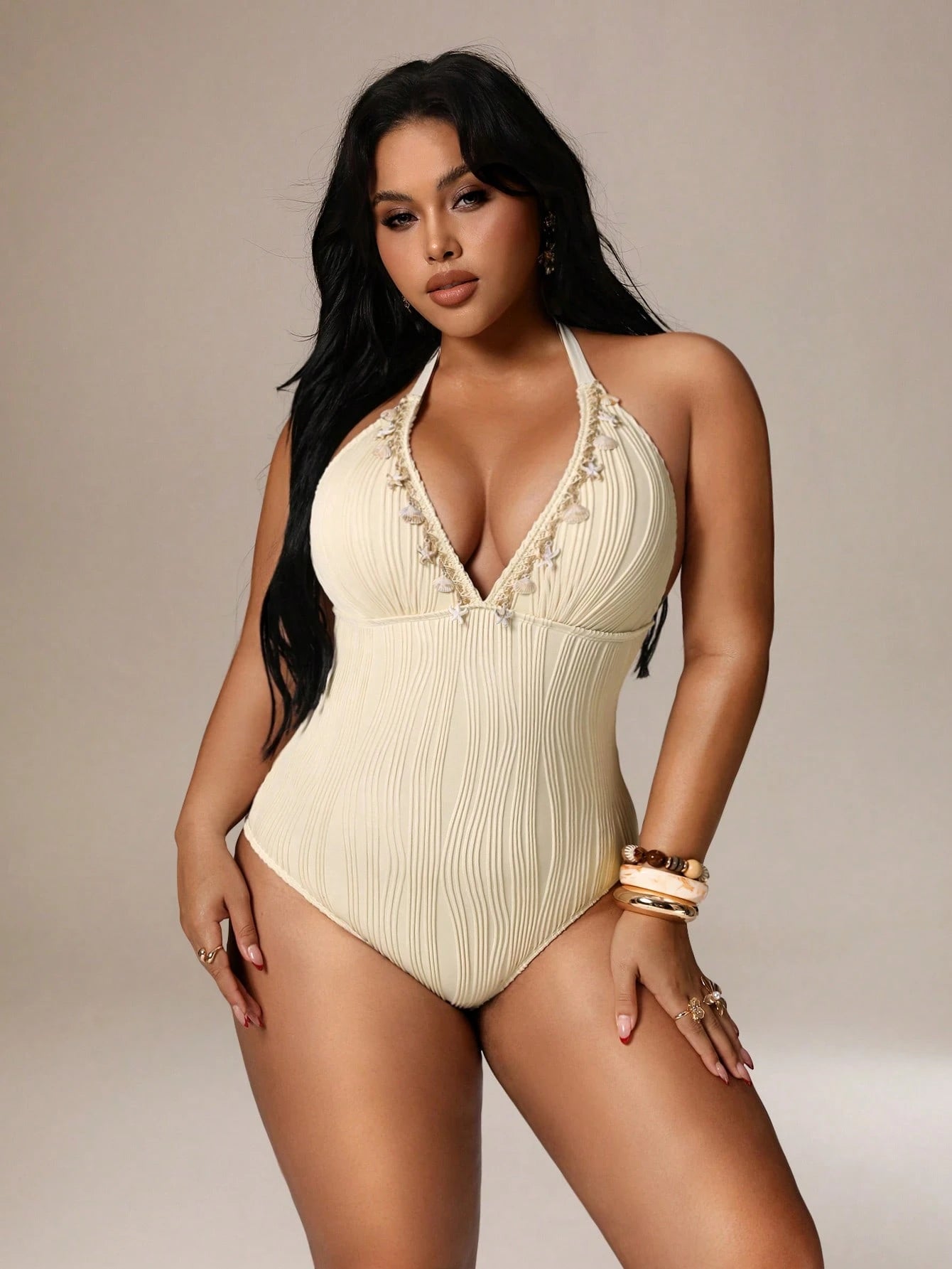 Auralis Plus Size Women Backless Halter One-Piece Swimsuit, Vacation & Beach Outfits For Elegant Women's Spring Outfit Valentine's Day