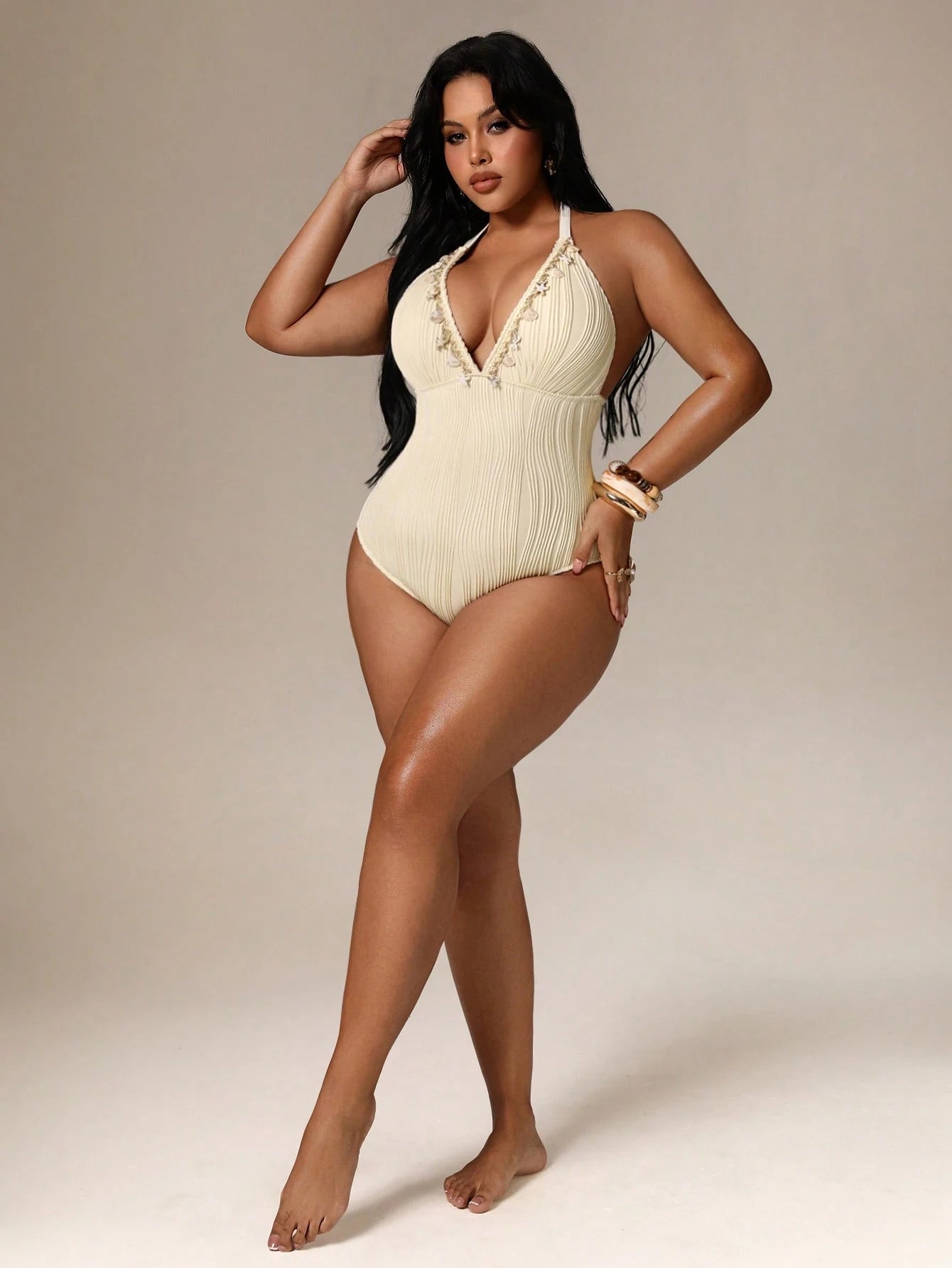 Auralis Plus Size Women Backless Halter One-Piece Swimsuit, Vacation & Beach Outfits For Elegant Women's Spring Outfit Valentine's Day