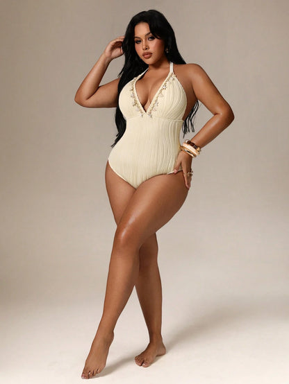 Auralis Plus Size Women Backless Halter One-Piece Swimsuit, Vacation & Beach Outfits For Elegant Women's Spring Outfit Valentine's Day