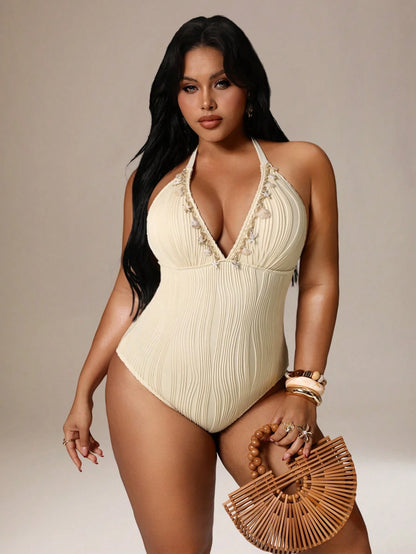 Auralis Plus Size Women Backless Halter One-Piece Swimsuit, Vacation & Beach Outfits For Elegant Women's Spring Outfit Valentine's Day