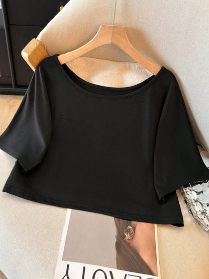 AuroraSilk Women's Off-Shoulder Cropped Top, Polyester Blend Off-Shoulder Cropped Tee Shirt- Casual Style, Machine Washable, Solid Color, Suitable For All Seasons Black Summer