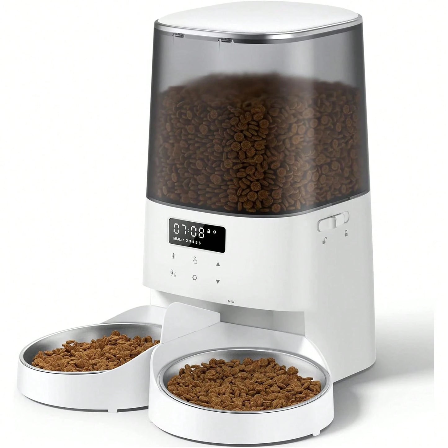 Automatic Cat & Dogs Feeder, 5L/21Cups Timed Pet Food Dispenser With Double Bowls, 48 Portions, 6 Meals Per Day, Memory Function, 10s Meal Call For Cats & Small Dogs