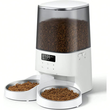 Automatic Cat & Dogs Feeder, 5L/21Cups Timed Pet Food Dispenser With Double Bowls, 48 Portions, 6 Meals Per Day, Memory Function, 10s Meal Call For Cats & Small Dogs