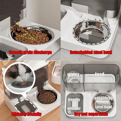 Automatic Gravity Cat Food Feeder And Water Dispenser Stainless Steel Two-In-One Set, Large Capacity 2.8L Food Feeder And 1L Water Fountain For Pets Dogs, Puppies, Kittens, Rabbits (Gary)