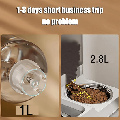Automatic Gravity Cat Food Feeder And Water Dispenser Stainless Steel Two-In-One Set, Large Capacity 2.8L Food Feeder And 1L Water Fountain For Pets Dogs, Puppies, Kittens, Rabbits (Gary)