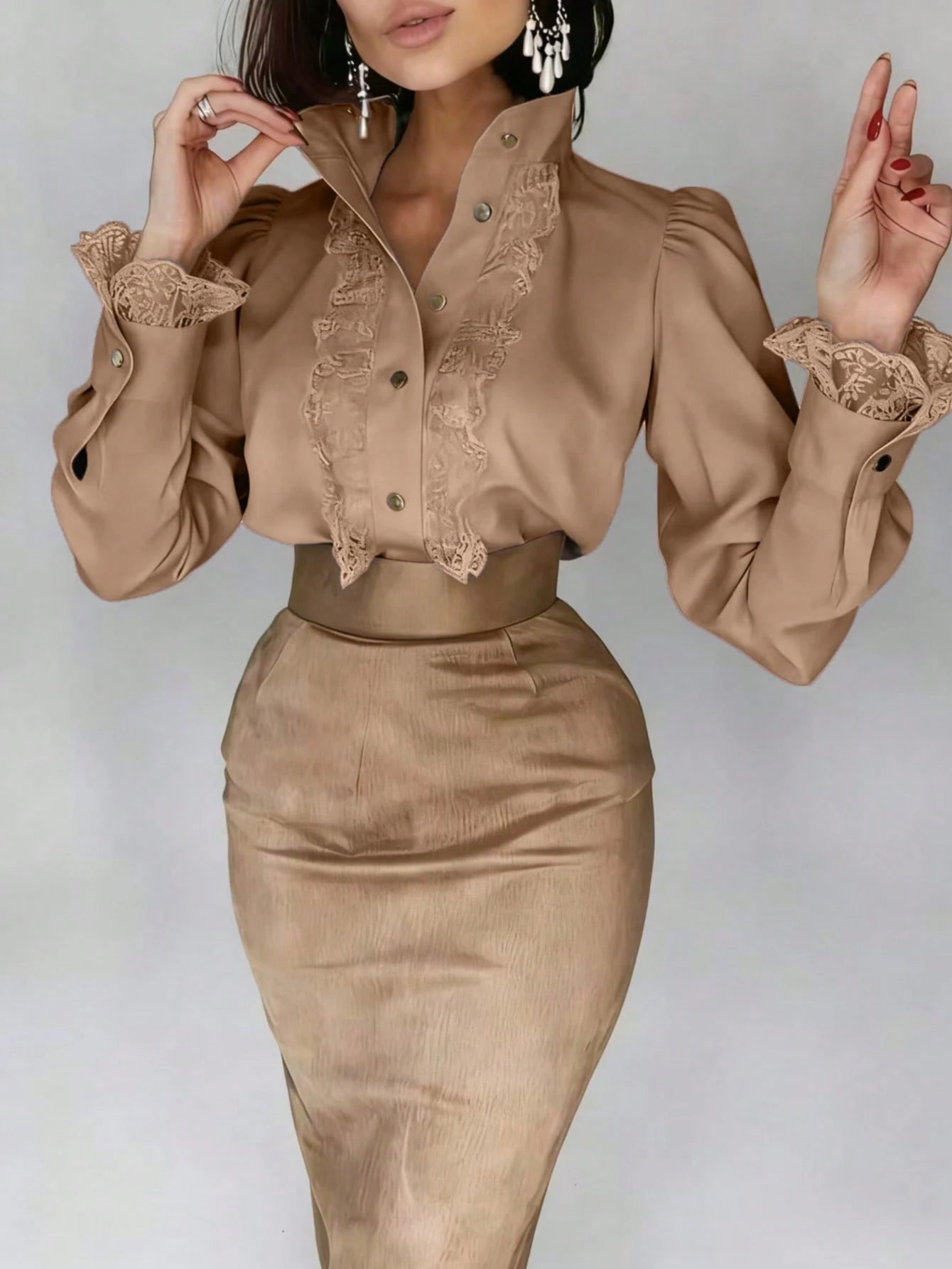 Autumn French Lace Patchwork Stand Collar High-End Blouse Back To School